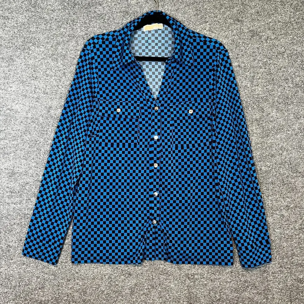 Michael Kors Shirt Womens XL Blue Black Checkered Button‎ Up Stretch Casual